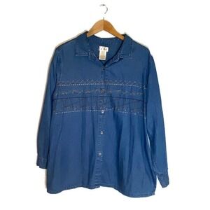 90s Bobbie Brooks Womens 22/24 Chambray Top Embroidered Long Sleeve Button Denim